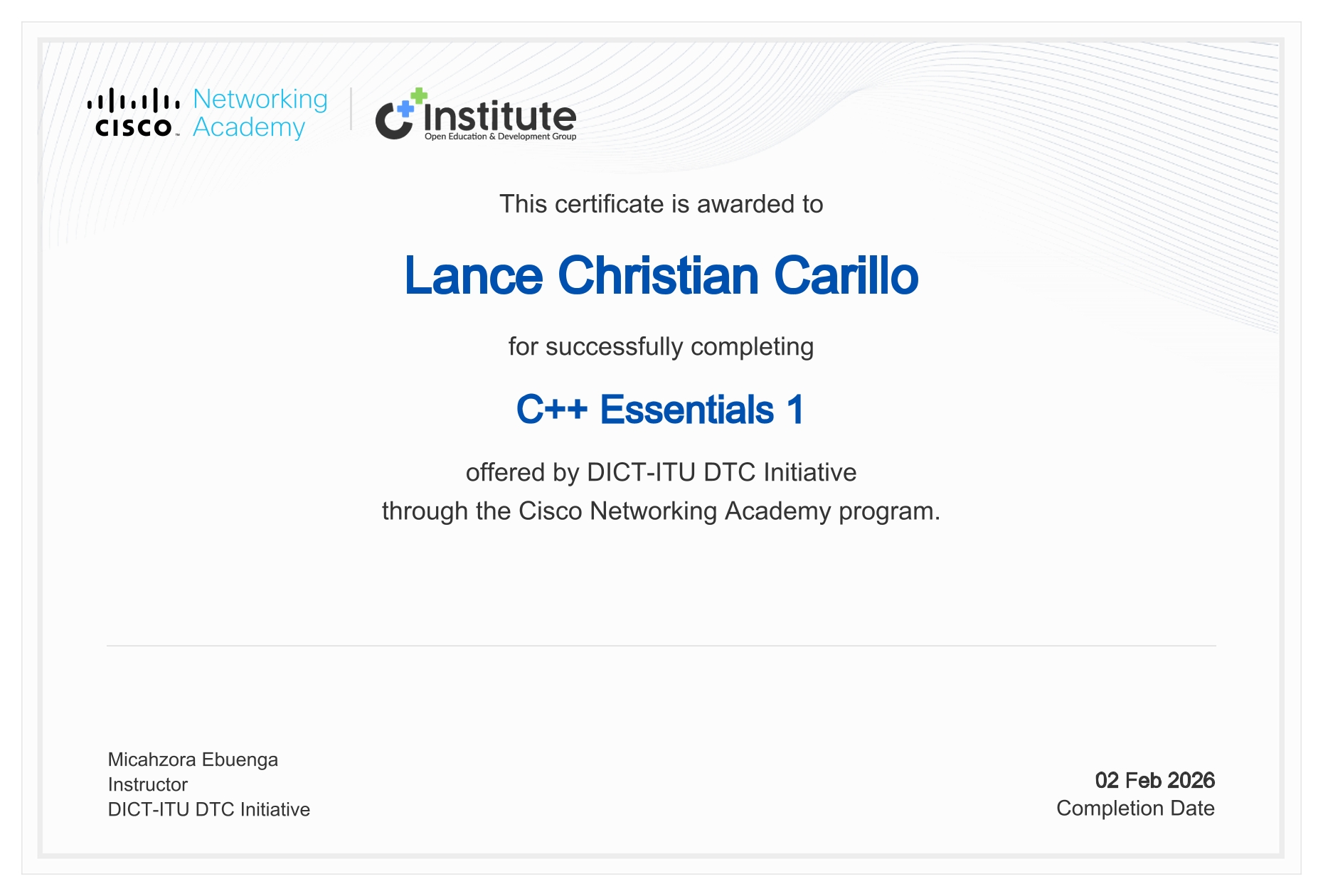 C++ Essentials 1 Certificate